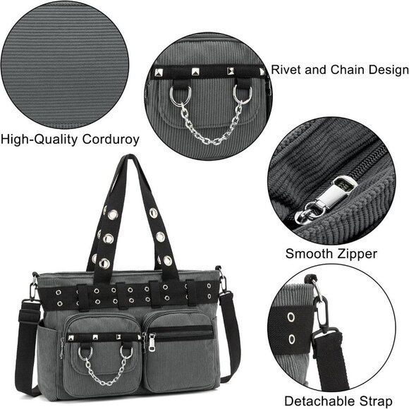 Corduroy Tote Bag Goth Bags for Women Large Gothic Goth Purse for College Work O - Picture 5 of 7